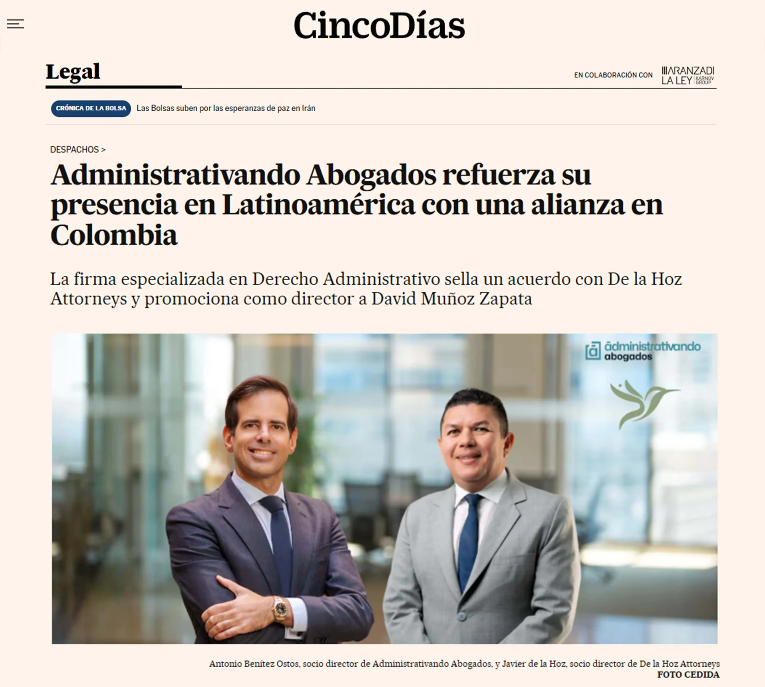 Administrativando Abogados refuerza su presencia en Latinoamérica con una alianza en Colombia