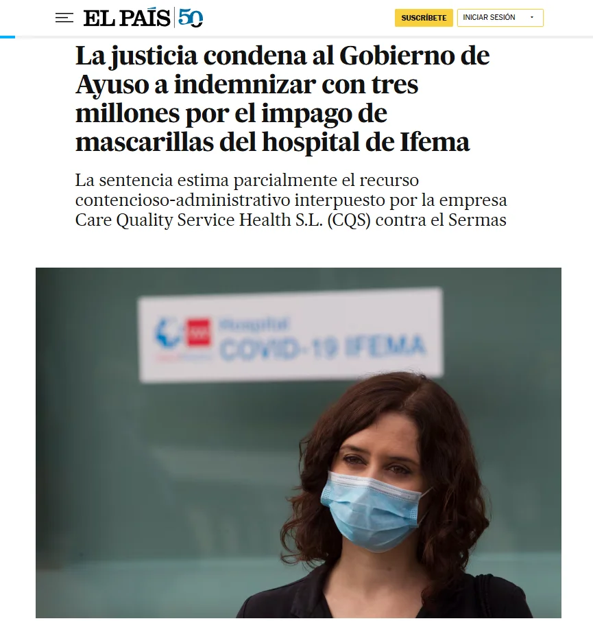 La justicia condena gobierno ayuso indemnizar por impago mascarillas hospital ifema