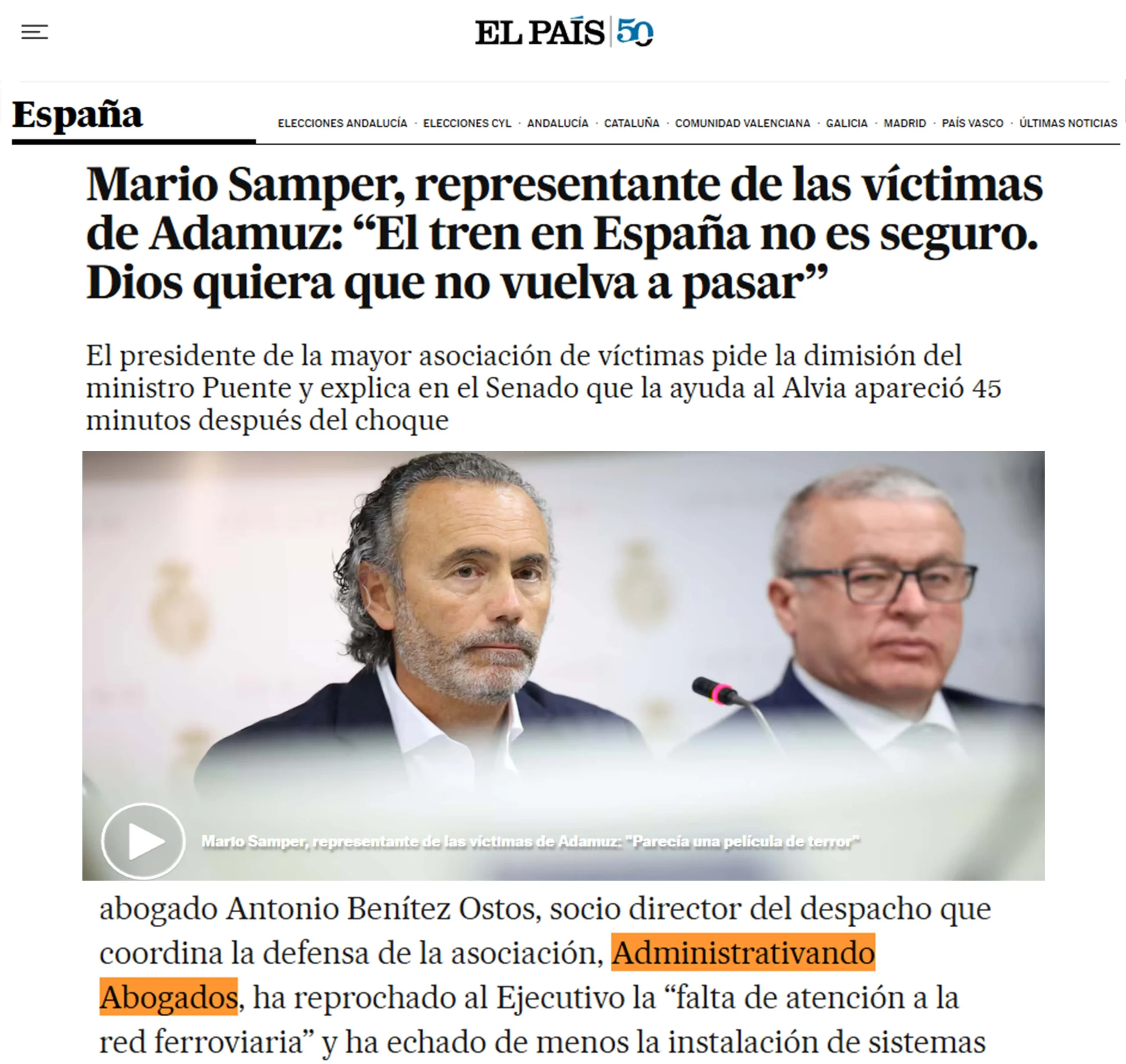 Mario Samper representante de las víctimas de Adamuz tren en españa no es seguro