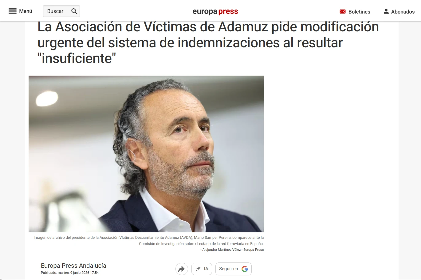 asociacion victimas adamuz pide modificacion urgente sistema indemnizacion europapress