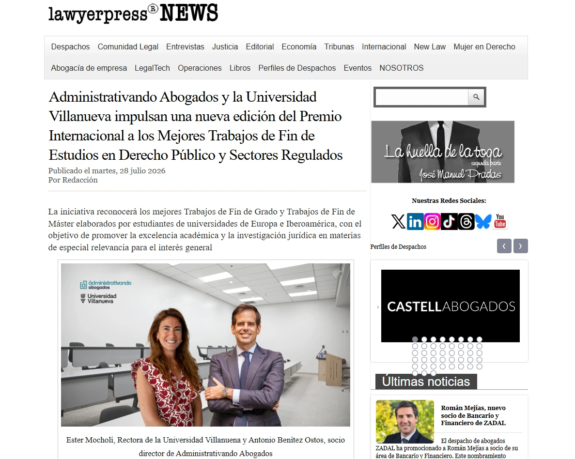 Administrativando Abogados y la Universidad Villanueva impulsan una una nueva edición del Premio Internacional
